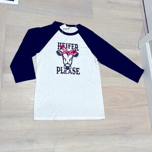 NWT HEIFER PLEASE cowgirl Cow Rodeo FFA baseball style Tee TShirt Medium M